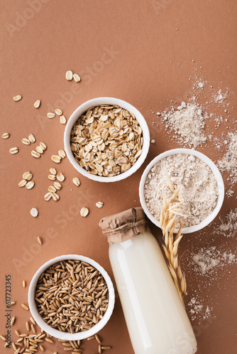 Oat products from flakes, milk, flour and whole grains top view. Healthy food, vegetarian diet concept.