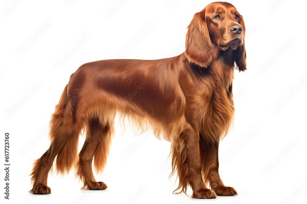 Portrait of Irish setter dog standing isolated on a white background