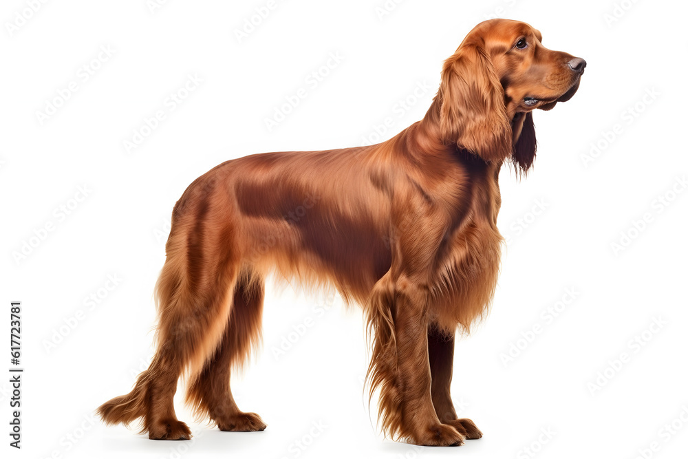 Portrait of Irish setter dog standing isolated on a white background