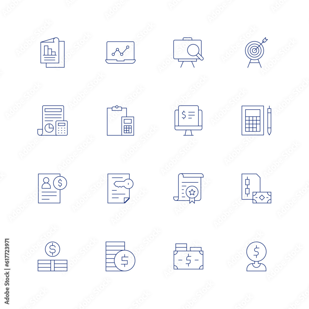 Business line icon set on transparent background with editable stroke. Containing analysis, aim, accounting, accountant, credit, contract, cryptocurrency, money, lead.