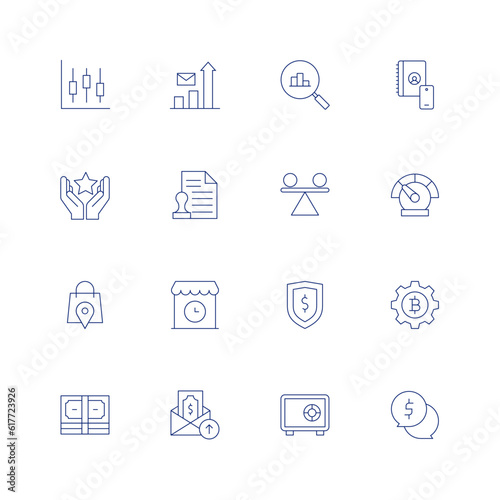 Business line icon set on transparent background with editable stroke. Containing stats, statistics, star, stamp, stability, speedometer, shopping bag, shop, shield, setting, salary, safebox, money.