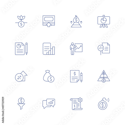 Business line icon set on transparent background with editable stroke. Containing return, money bag, results, report, rate, quote request, pyramid, dollar, dialog, development, debt.