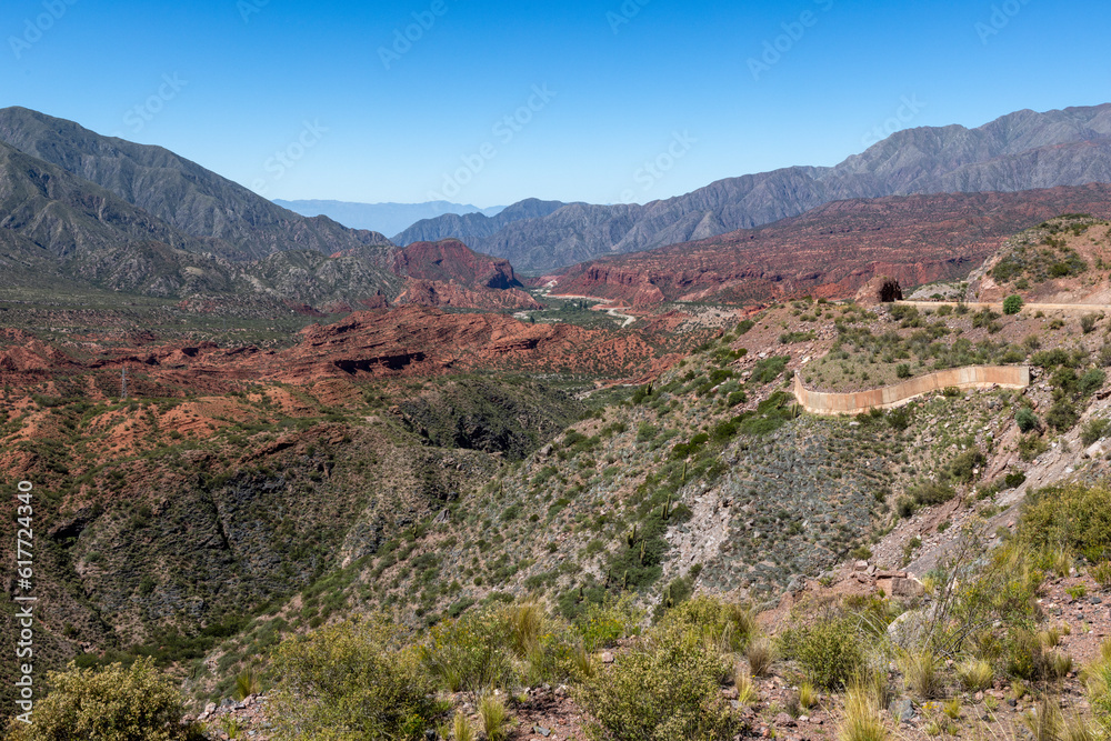 Landscape with reddish rocks along the famous Ruta40 in La Rioja Province, Argentina - traveling South America 