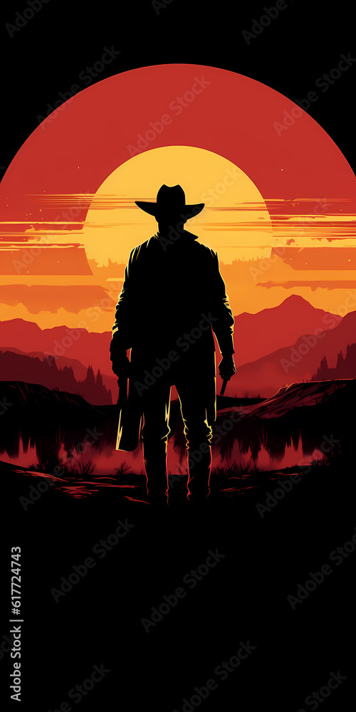 Minimalism art style of dark sunset gunslinger with cowboy hat wearing coat in western environment background