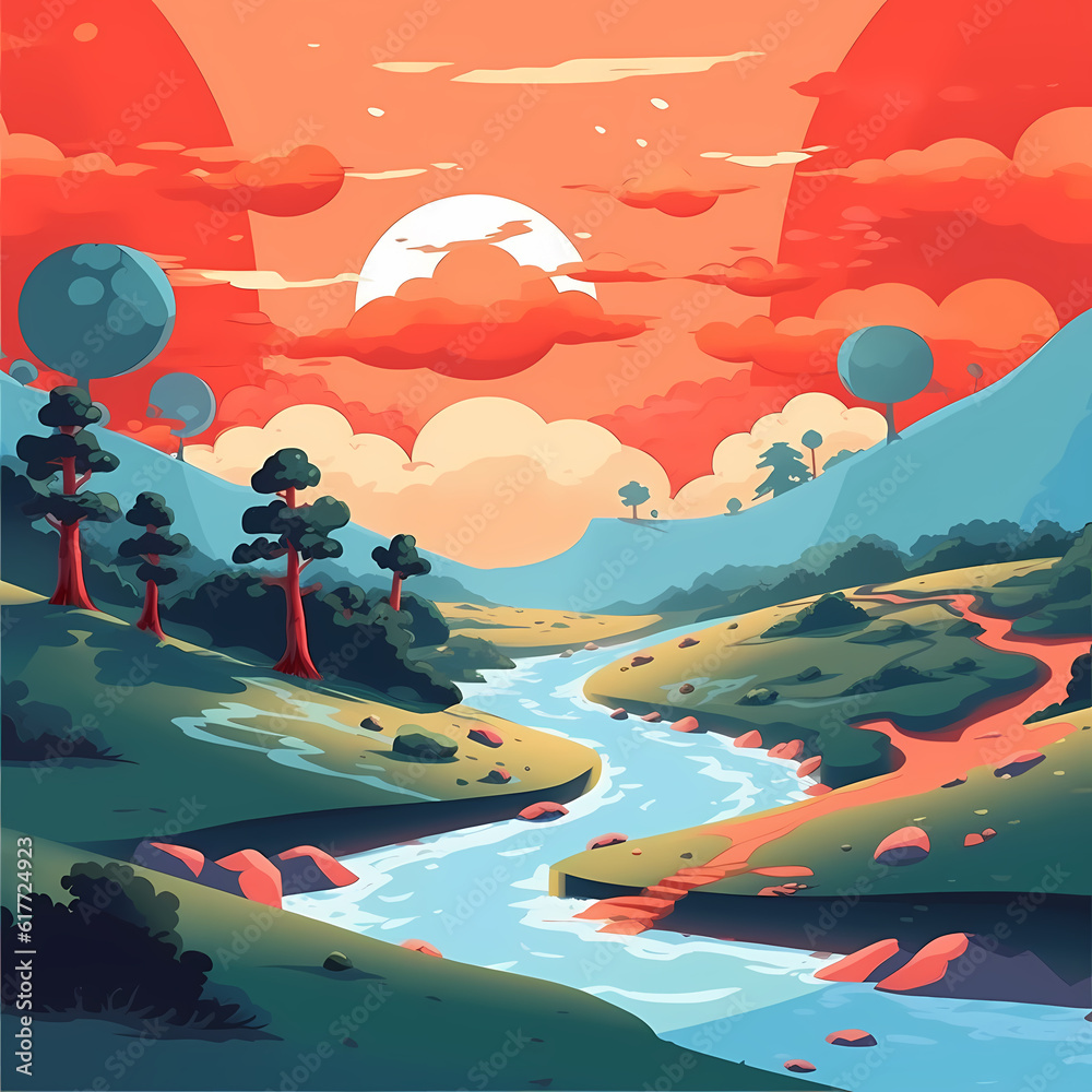 Nature landscape in cartoon style art form, anime vibrant color, sunrise over river with green lush hill