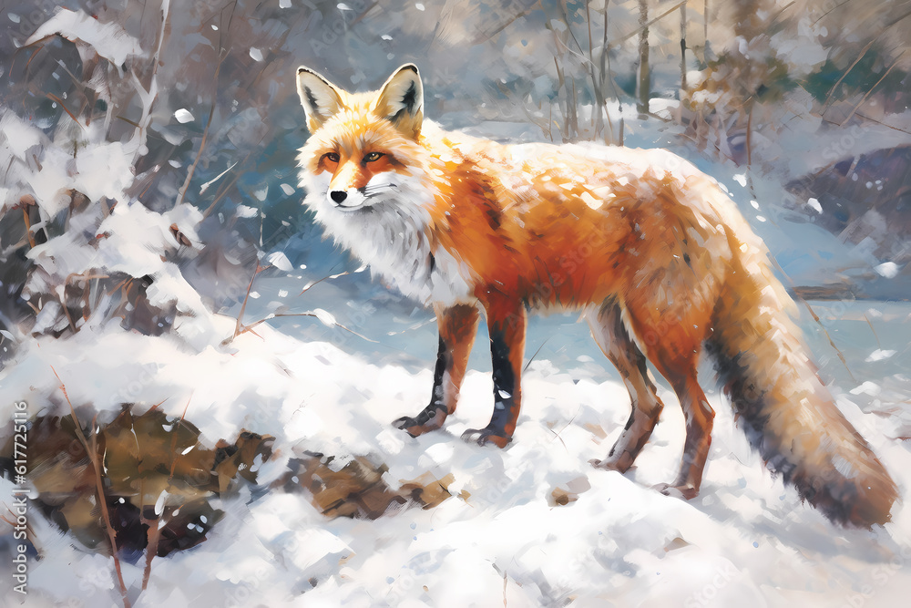 Soft painting of a red fox in the snow forest looking of view