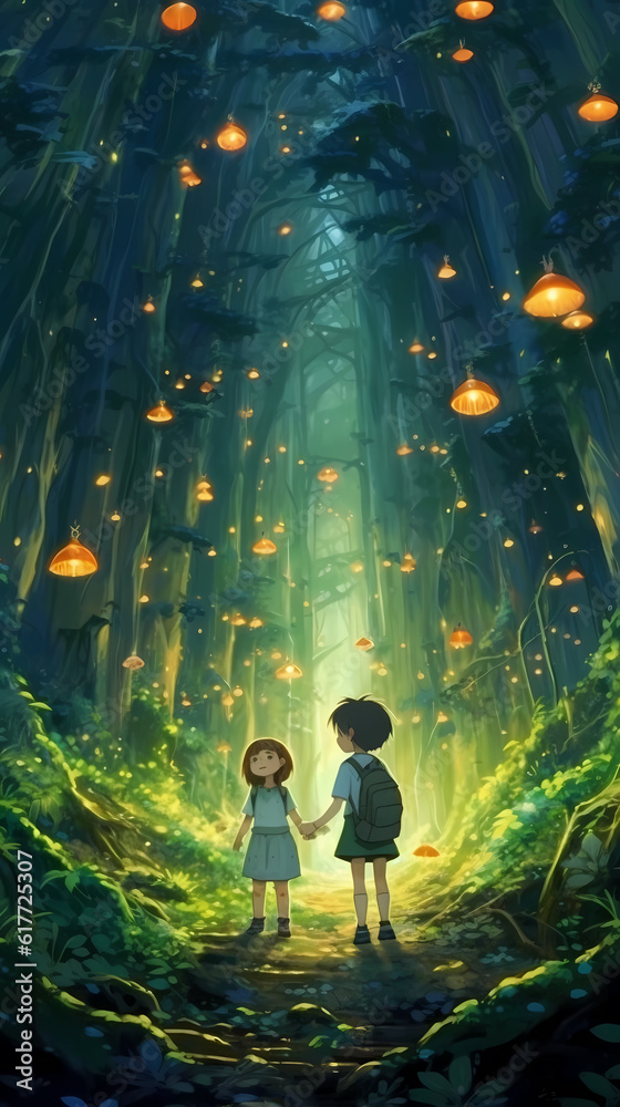 Illustration of young kids: boy and girl wearing back pack walking in fantastical forest underneath the magical lamps produce by tree at night