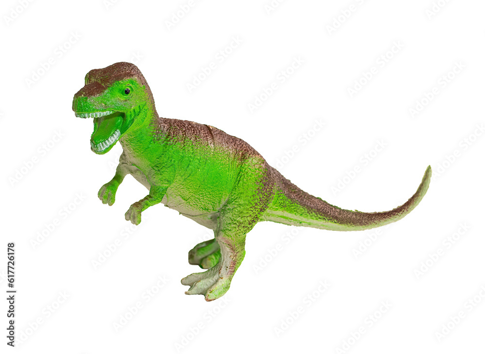Naklejka premium Small toy dinosaur, Tyrannosaurus Rex, isolated on blank background.