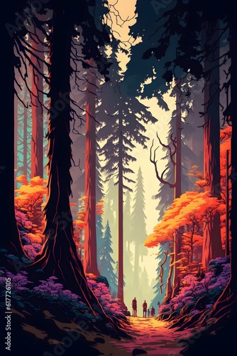 forest with big trees in the backgroundstrong colors 