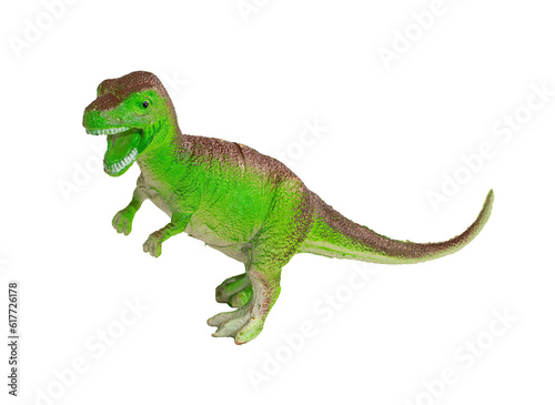 Small toy dinosaur, Tyrannosaurus Rex, isolated on blank background. © Marcela Ruty Romero