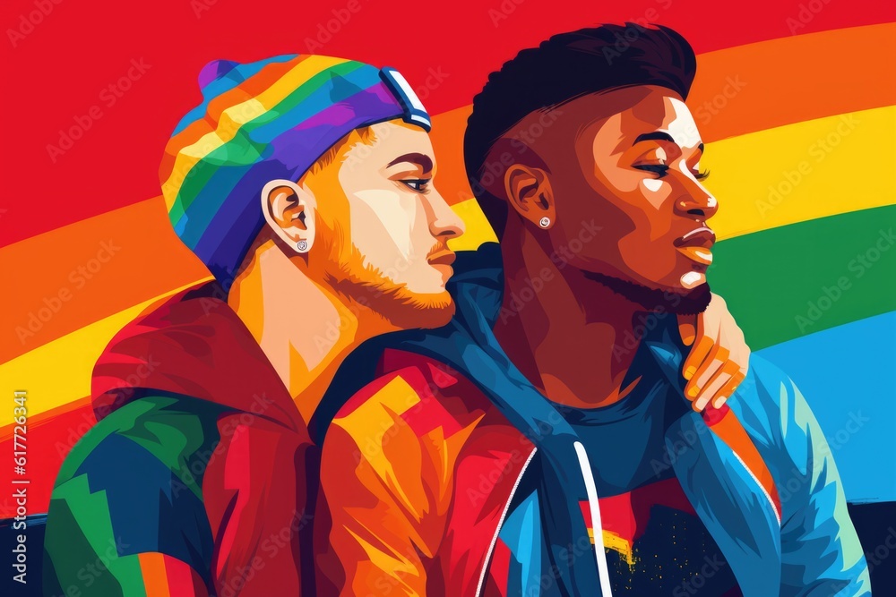2 Gay Men in Love in rainbow colors - pride flag background - Strength, Tolerance and Diversity in the LGBQT community - generative ai - imaginary person 2 Gay Men in Love in rainbow colors - pride flag background - Strength, Tolerance and Diversity in the LGBQT community - generative ai - imaginary person