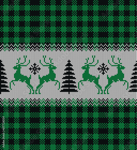 Ugly sweater at Buffalo Plaid Merry Christmas and Happy New Year greeting card frame border . illustration knitted background seamless pattern with folk style scandinavian ornaments.