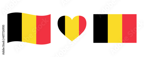Belgium flag signs set. Belgian heart shape decorative element. Independence Day of Belgium. National symbols for Belgian holidays