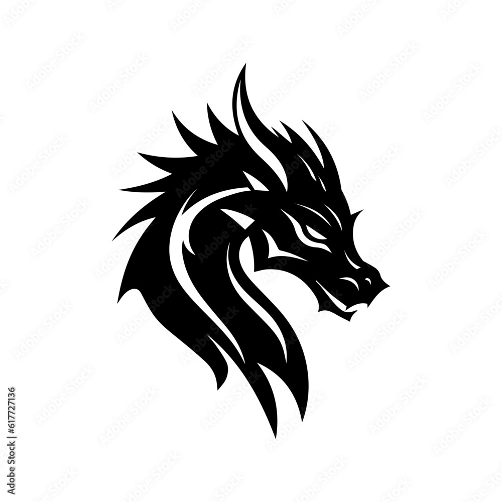 Black dragon illustration. Sketch for tattoo. Symbol of New Year 2024. Chinese dragon, fairy and fantastic serpent, fantazy monster, for cricut. Isolated vector image, dragon head silhouette