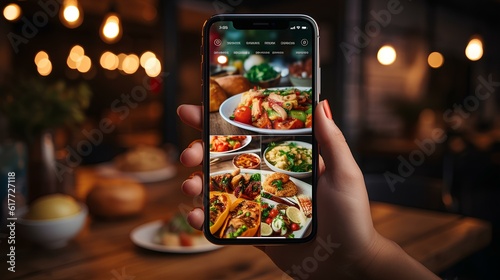 taking photo of food with smart phone in restaurant. generative AI