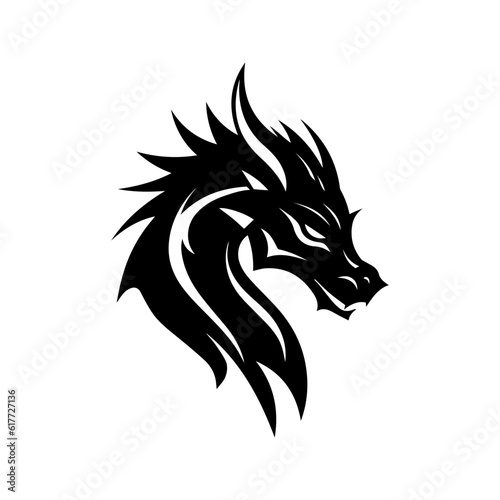 Black dragon illustration. Sketch for tattoo. Symbol of New Year 2024. Chinese dragon, fairy and fantastic serpent, fantazy monster, for cricut. Isolated vector image, dragon head silhouette
