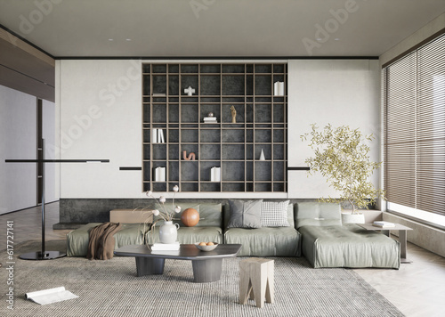 modern living room with sofa  table  book cabinet 3d render