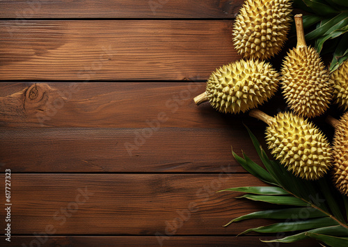 Green durian on the wooden board, Thai fruit. Space for text. Generative AI