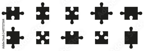 Puzzle Pieces Fit Together Silhouette Icon Set. Jigsaw Parts Matching, Complete Game, Find Solution Pictogram. Business Strategy, Brainstorming, Teamwork Solid Symbol. Isolated Vector Illustration