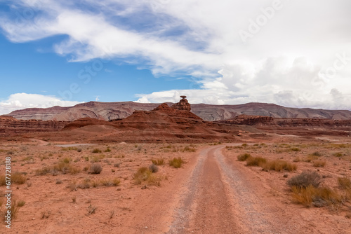 Scenic view of the sombrero shaped rock formation of Mexican Hat on the San Juan River on the northern edge of the Navajo Nations borders in south central San Juan County, Utah, USA