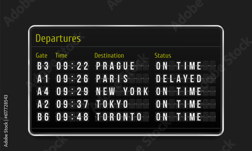 Airport board. Mechanical scoreboard. Realistic scoreboard with flip symbols. Vector template for your design.