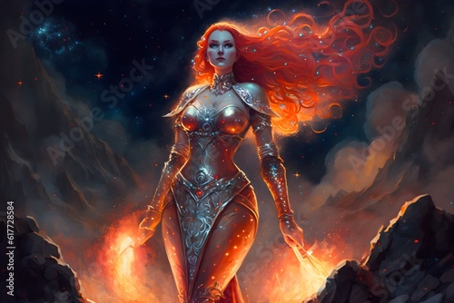 female figure of a burning celestial knight she is made up of stars is ethereal and is fading into the red and white galaxy sky behind her She has strong wide shoulders and is imposing and heroic  © Alysa