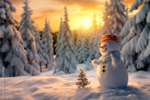 Snowman next to a house entrance in a winter Christmas scene with snow, pine trees, and warm light. Merry Christmas background. © sirisakboakaew