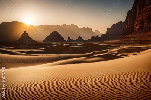 Middle Eastern desert at sunset with red sand and towering mountains - Generative AI