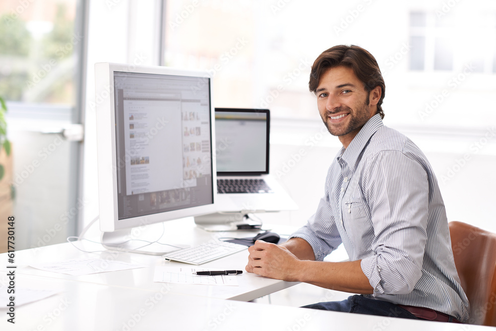 Business man, job portrait and computer coding of a IT professional at a office desk. Typing, cyber company and digital website design of a online employee with pc technology at a startup workplace