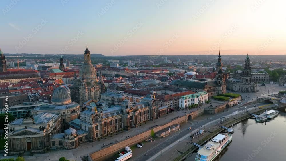 Aerial view in Dresden old town on Elbe river .Drone shot of the center of the Saxony state capital Dresden , Germany Aerial view in Dresden old town on Elbe river .Drone shot of the center of the Saxony state capital Dresden , Germany