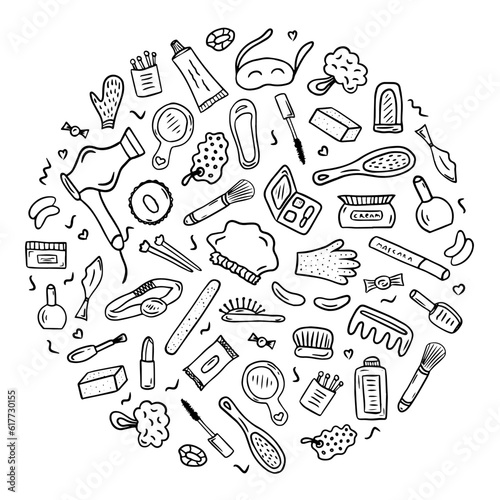Hand drawn Make up Cosmetics doodle elements. Round vector illustration on a white background. Best using for beauty salon and self care