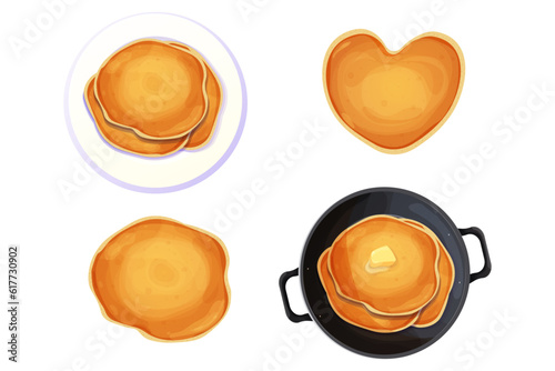 Set Pancakes in plate, heary shape, stack and in frying pan with butter top view in plate in cartoon style isolated on white background. Circle dessert, breakfast. 