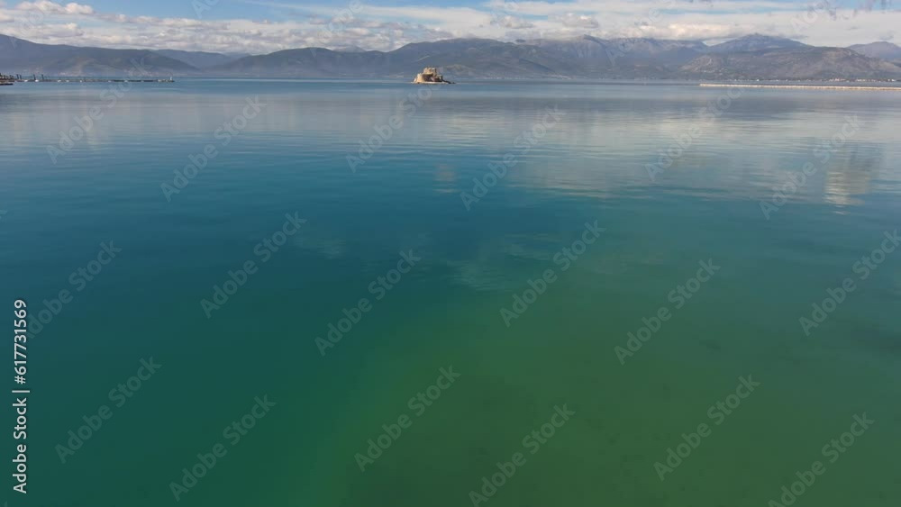 Drone view over the Bourtzi castle in Nafplio, Greece Drone view over the Bourtzi castle in Nafplio, Greece