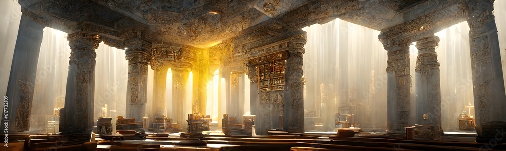 biblical Ancient Hebrew Temple Synagogue building altar in the center of the room with rays of sunlight pouring through pillars on to alter hyper realistic details elements unreal engine 5 