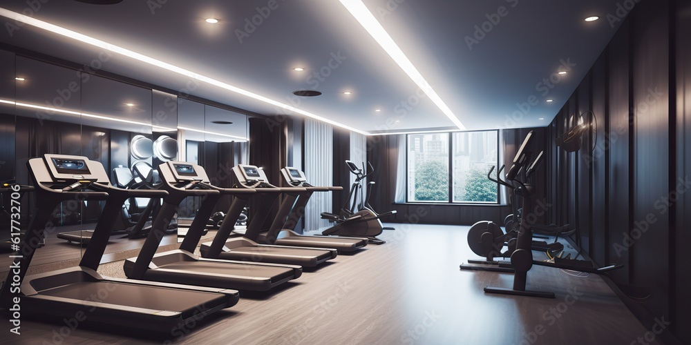 AI Generated. AI Generative. Fit gym sport room inside with treadmilll run machine. Cardio workout exercise health vibe.  Graphic Art