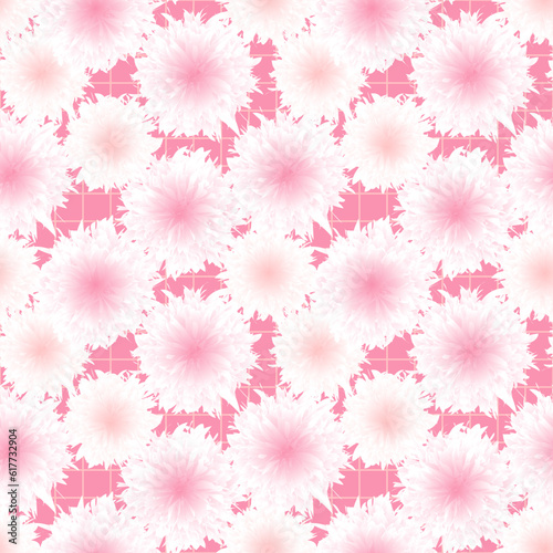 Abstract square seamless pattern with fluffy flowers and checked background. Pastel pink vector surface design, textile, fabric, wrapping paper, covers. © Marina
