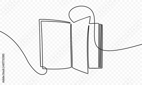 Continuous one line drawing of an open book with page turning vector design. Single line art illustration on the theme of reading, education and learning on transparent background photo