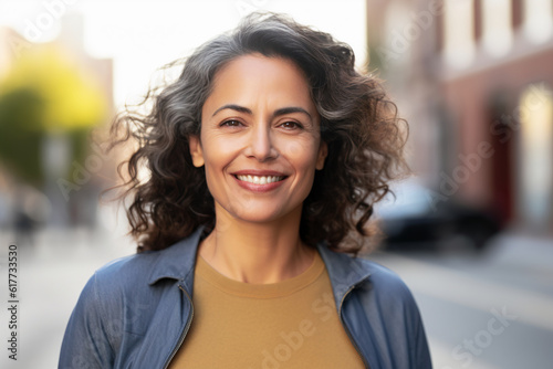 Portrait of a confident  smiling middle-aged Hispanic woman in her 40s or 50s  radiating positivity outdoors  showcasing Latin American pride  generative ai