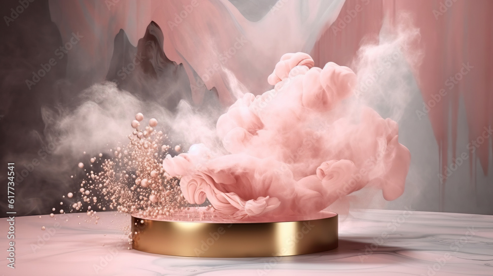 background with empty podium and pink smoke, beauty cosmetic product presentation backdrop background with empty podium and pink smoke, beauty cosmetic product presentation backdrop