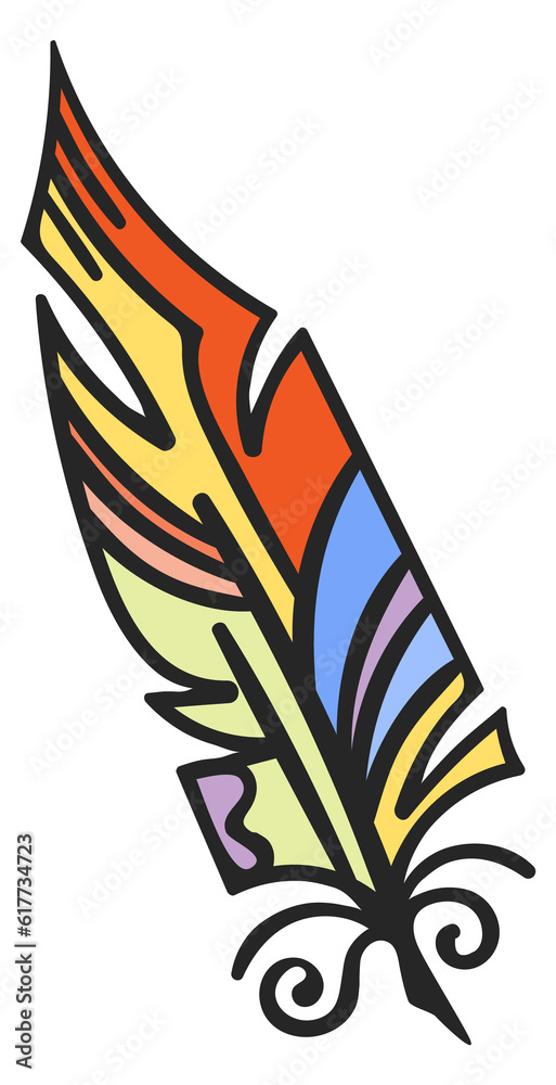 Fantasy quill icon. Colorful ornate decorative feather