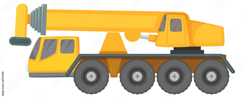 Truck crane cartoon icon. Yellow industrial machine Truck crane cartoon icon. Yellow industrial machine