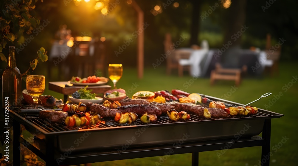 Assorted delicious grilled meat with vegetables on barbecue grill.