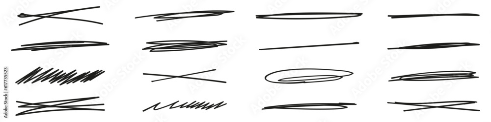 Line strikethrough elements. Underline Pen Doodle Stroke.Collection of hand-drawn strikethrough graphic markers. Vector isolated illustration
