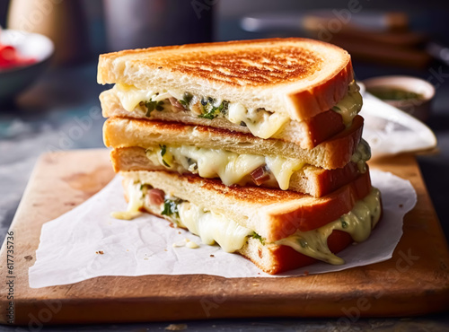 Cheese toasties, homemade hot sandwiches, food and easy recipe idea, generative ai