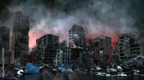 Ruined Ukrainian city after russian drone and missiles attack. Russia-Ukraine war, military invasion, war crisis, deadly russian missile strike, heavy fighting. New assistance package for Ukraine. 3D photo