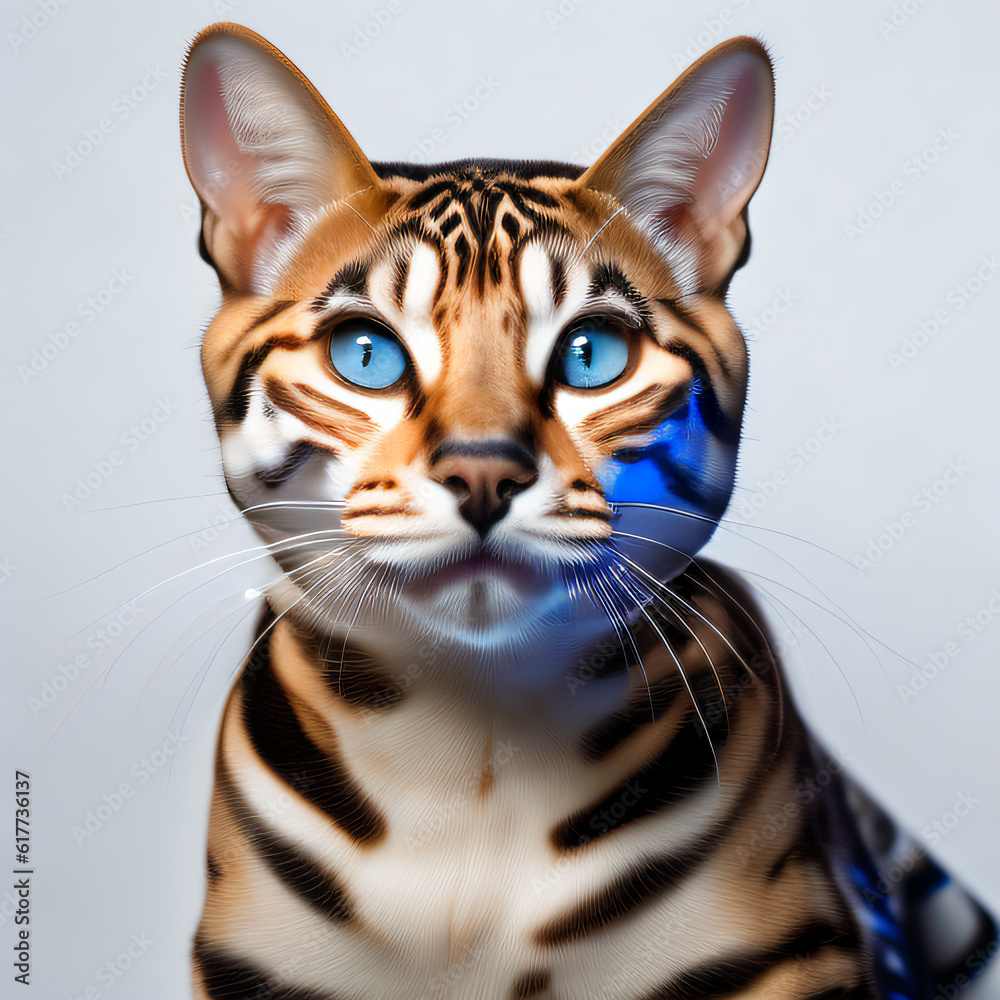 (Bengal)a cute cat with blue eyes in studio, close up white background ,Generative AI illustration