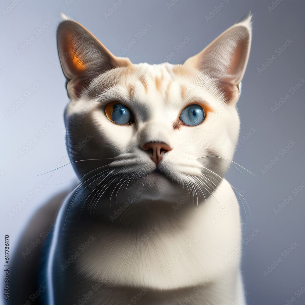 (Burmese)a cute white cat with blue eyes in studio, close up white background ,Generative AI,illustration