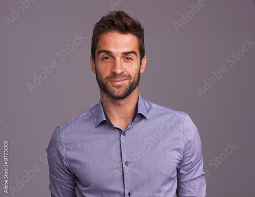 Fashion, portrait of accountant and business man in studio isolated on a gray background mockup. Face, happy and person, professional or auditor from Canada with trendy clothes, outfit and style.