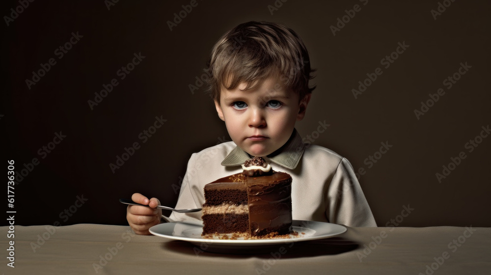 Boy eats huge piece of cake created with generative AI technology Boy eats huge piece of cake created with generative AI technology