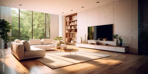 AI Generated. AI Generative. Modern luxury elegant cozy living room architecture with nice decoration and huge window. City garden view. Graphic Art © AkimD